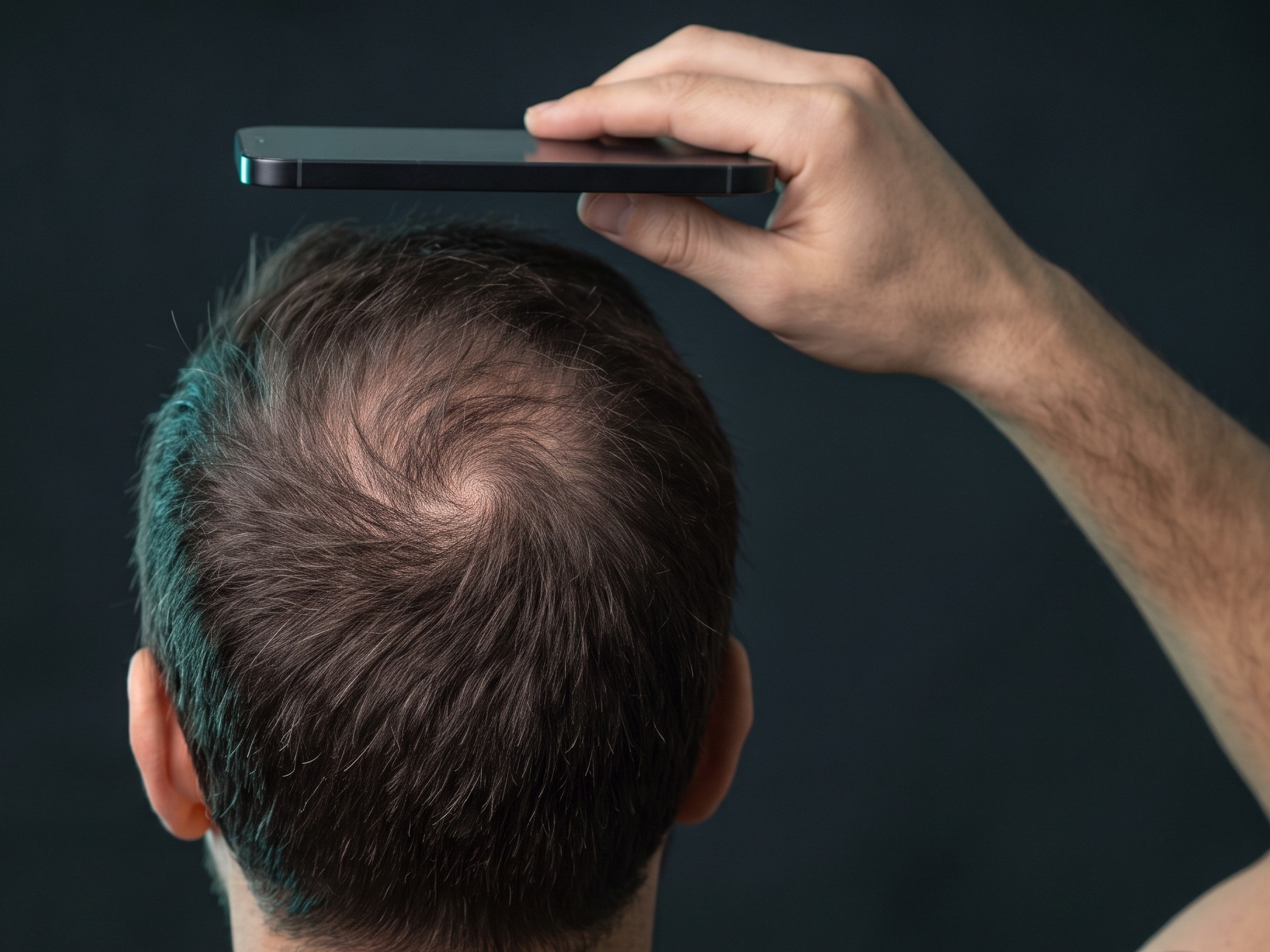A hand holding a phone about 20 centimetres above the crown of a person's head.
